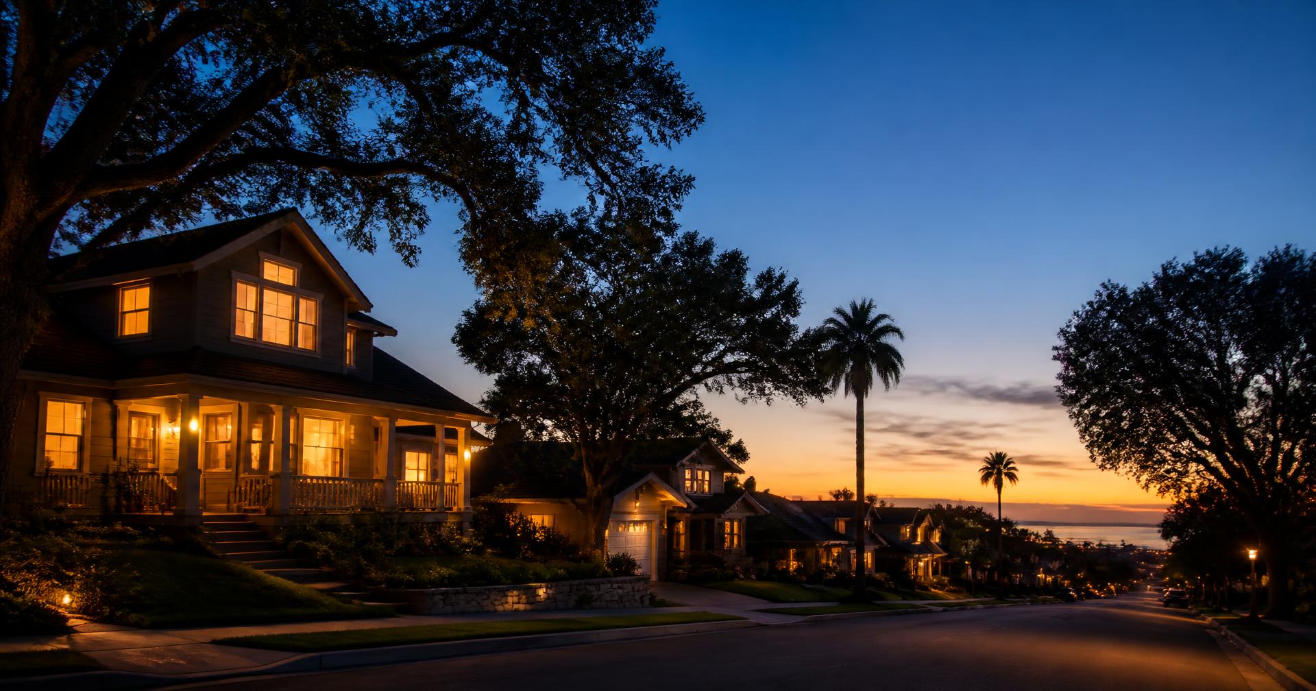 A quiet California neighborhood at dusk with lit family homes