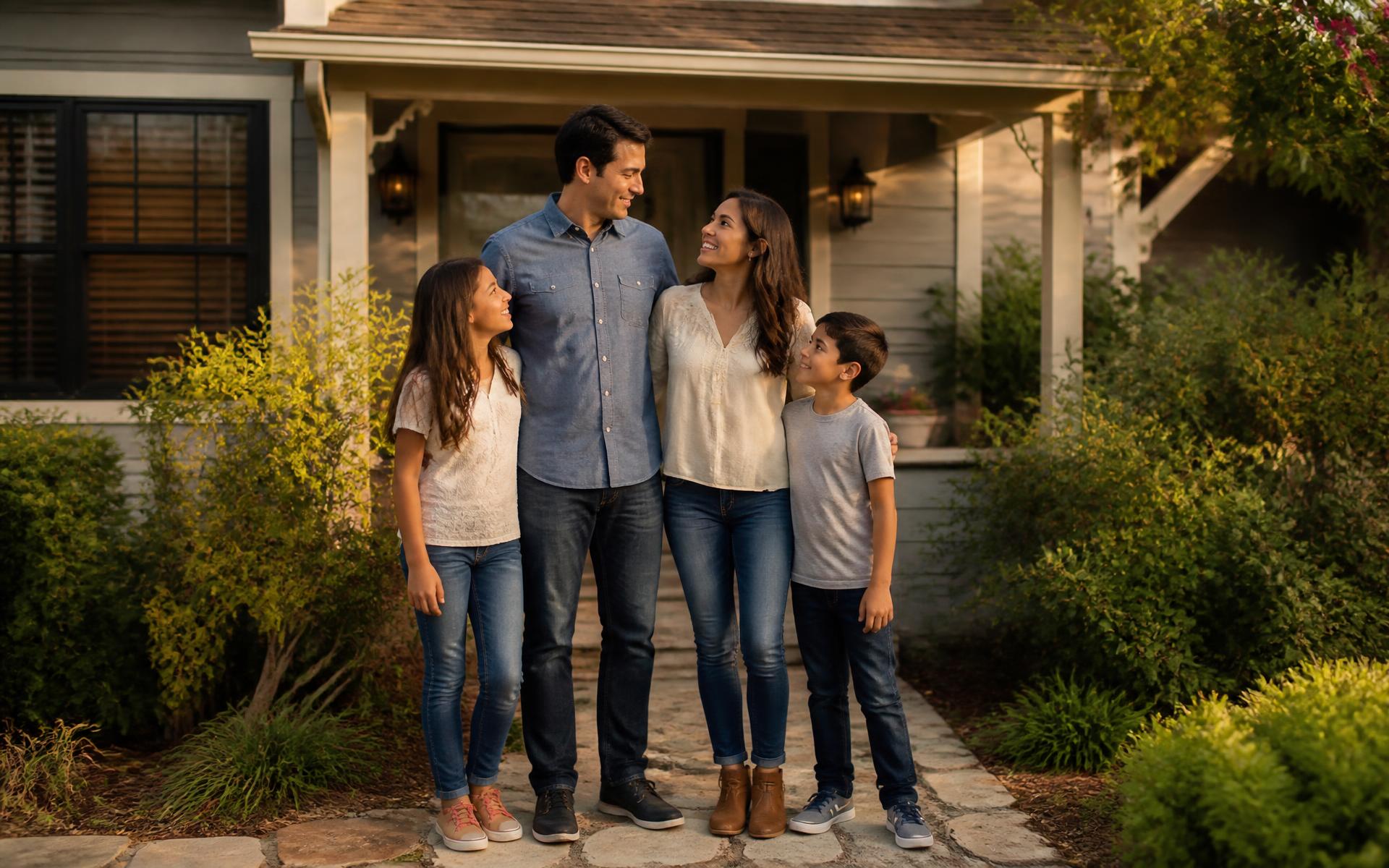 A California family standing together outside their home at golden hour